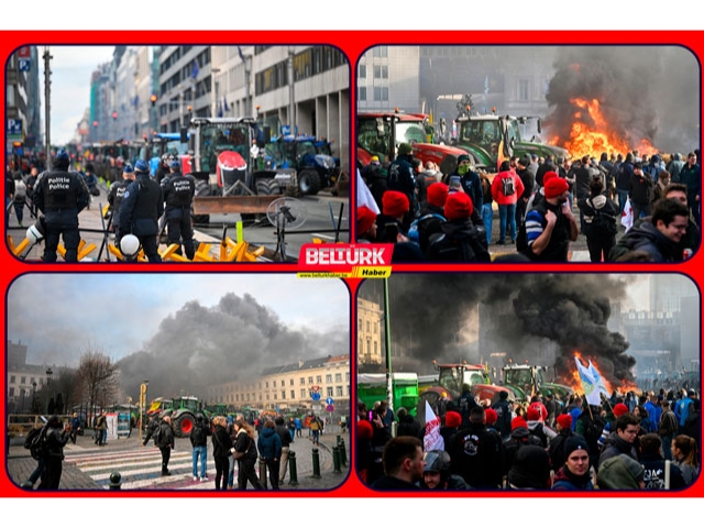 Brüksel'de AB Liderler Zirvesi'nin yapıldığı sırada çiftçilerden traktörlü protesto